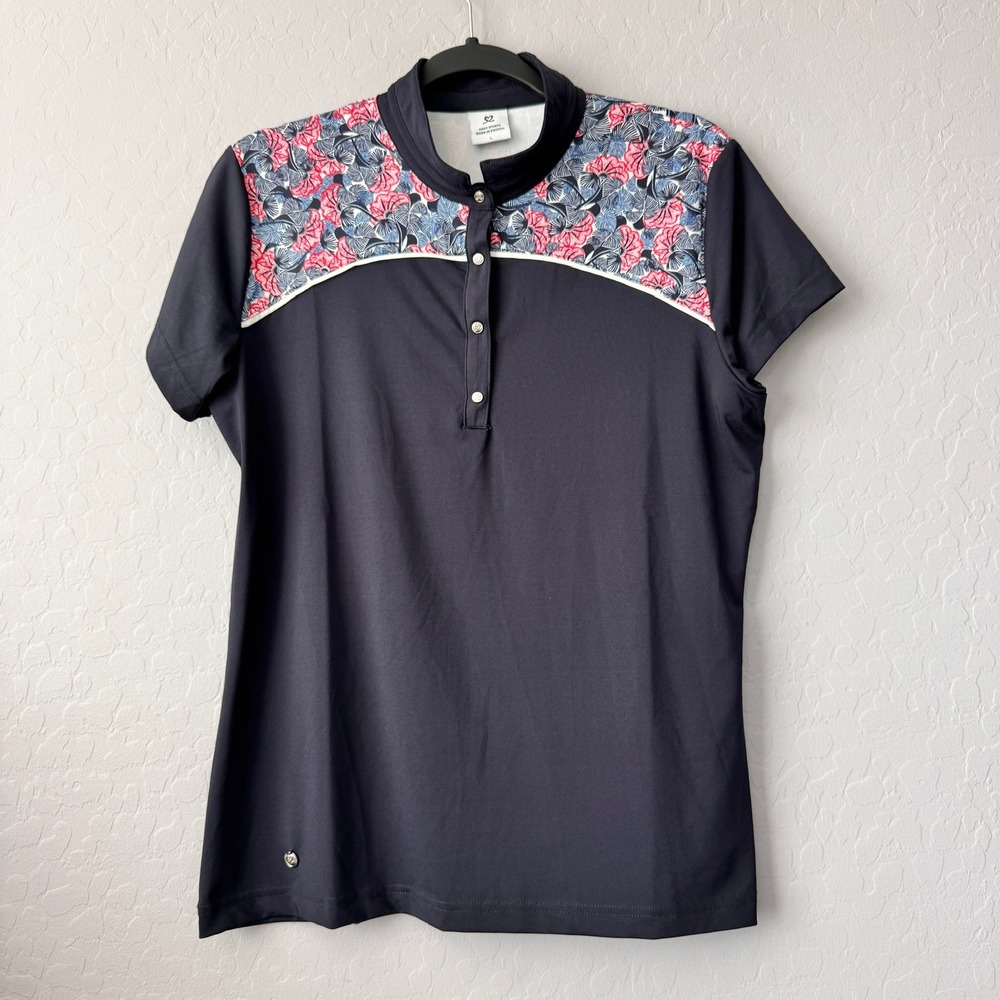 Daily Sports Large Polo Navy Blue Short Sleeve Floral Yoke Mock Neck Golf Top
